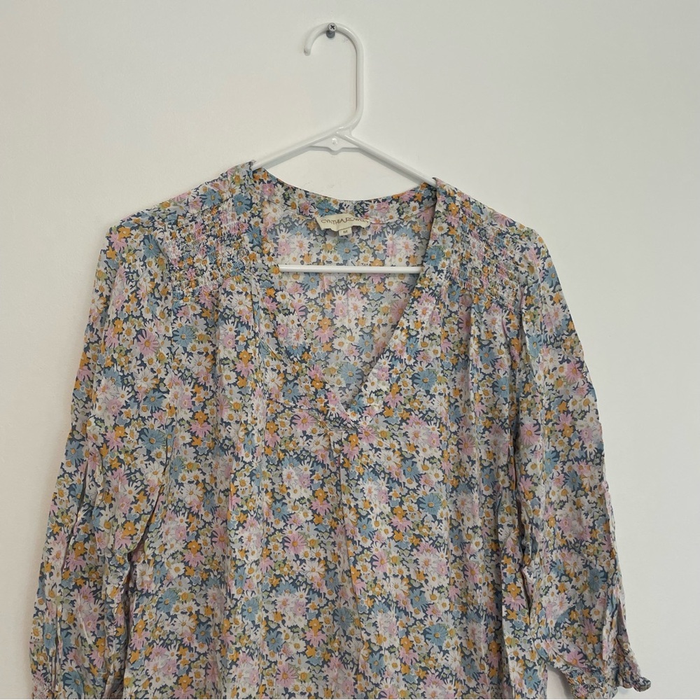 CYNTHIA ROWLEY Blue White Pink Multi Floral V-Neck 3/4 Sleeve Boho Summer Blouse - Picture 3 of 14